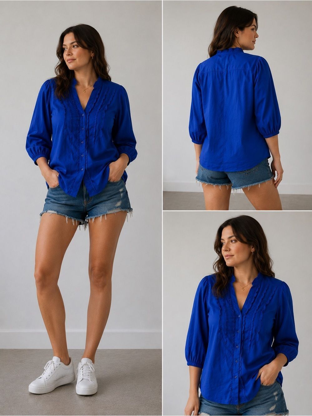 George Women’s Vneck Button Down Cotton Blend Ruffle Trim Shirt Blouse Sz M 8/10